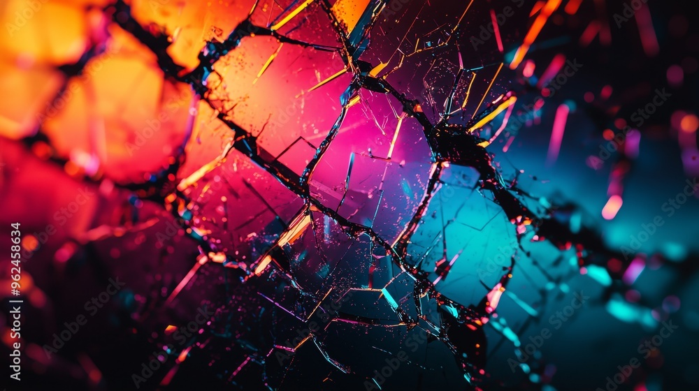 Poster a chaotic, fragmented screen texture with deep fractures and rainbow pixelation, set on a dark, mini