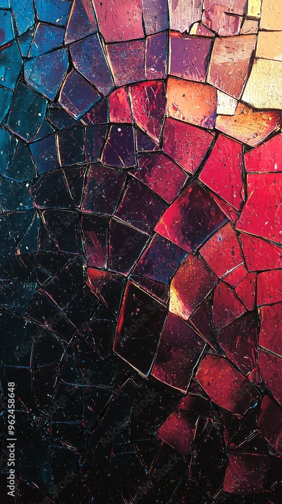 Poster a shattered screen texture with fine cracks and colorful pixelation, perfect for creating overlay ef