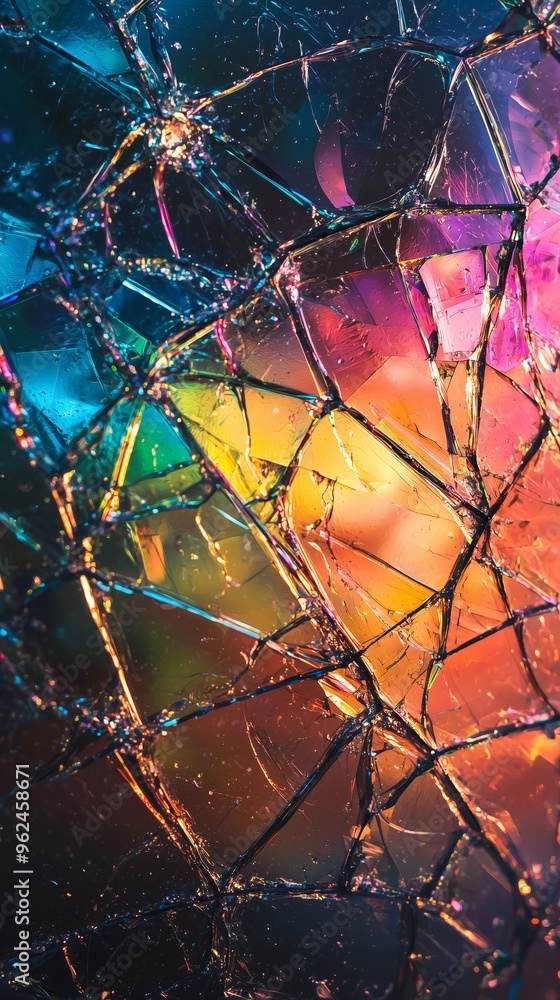 Poster a shattered screen with intricate crack details and rainbow glitch effects, creating a dynamic overl