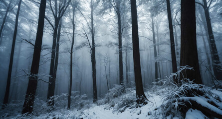 Naklejka premium Snowy forest mist glowing abstract background