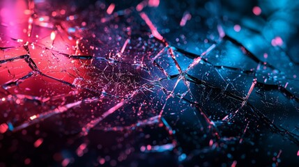 A shattered glass texture with intricate crack details and colorful light distortions, set against a dark, tech-inspired background
