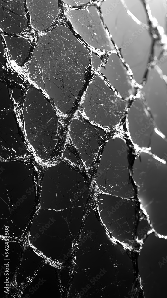 Poster a minimalistic crack pattern on a broken screen, with subtle reflections and a dark background, desi
