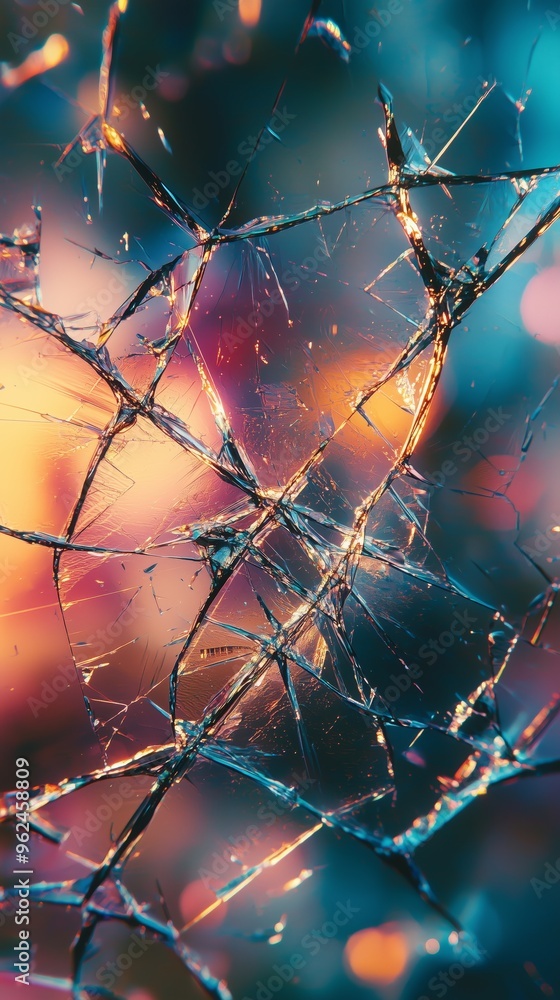 Poster a chaotic web of fractures on a shattered screen, with soft reflections and digital glitch elements,