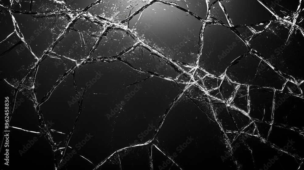 Poster a simple yet chaotic crack pattern on a broken screen, with sharp lines and soft reflections, set ag