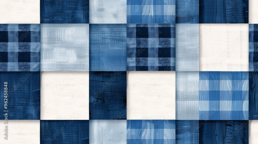 Poster blue and white checkered pattern: a seamless, repeating pattern of blue and white checkered squares,