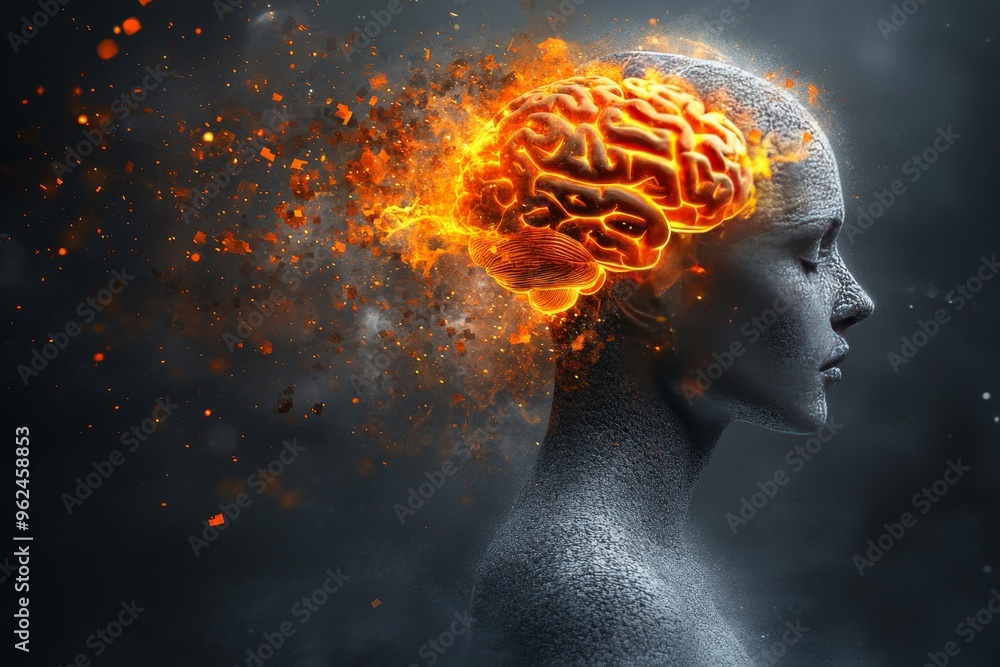 Poster cranial organ neural function surreal depiction of a womans head with a fiery brain symbolizing the 