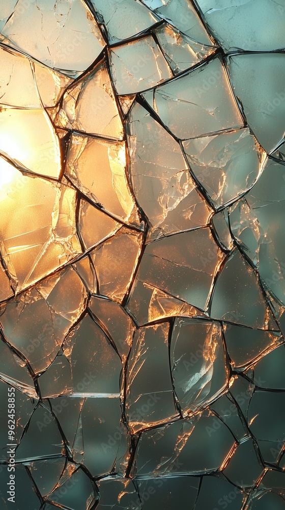 Poster a broken screen texture with sharp, diagonal cracks and light reflections, creating an abstract patt