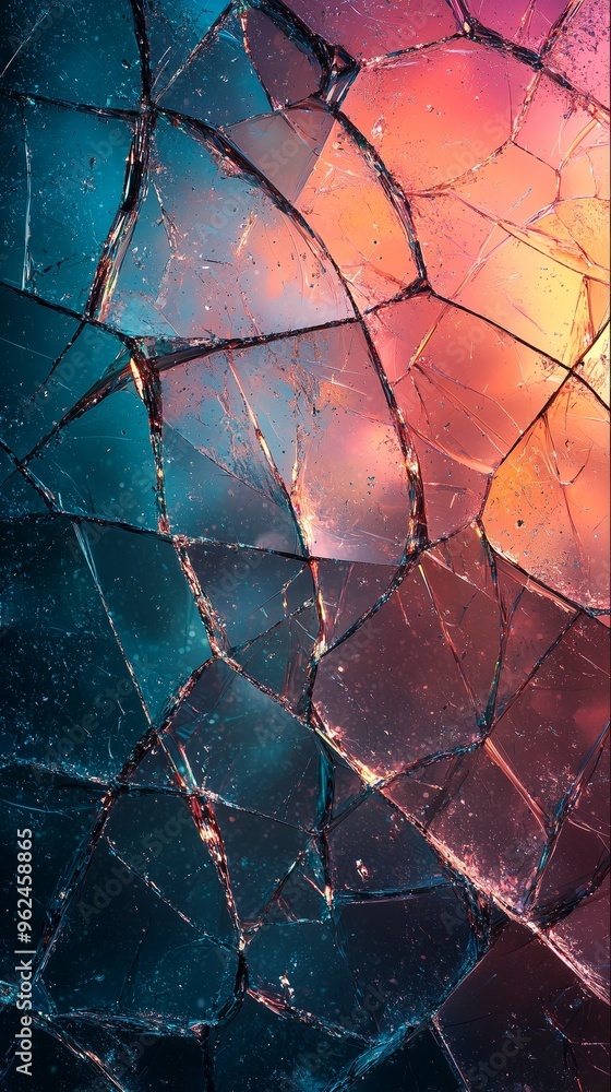 Poster a shattered screen texture with fine cracks and colorful pixelation, perfect for creating overlay ef