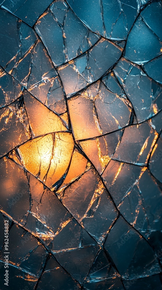 Poster a broken screen texture with sharp, diagonal cracks and light reflections, creating an abstract patt