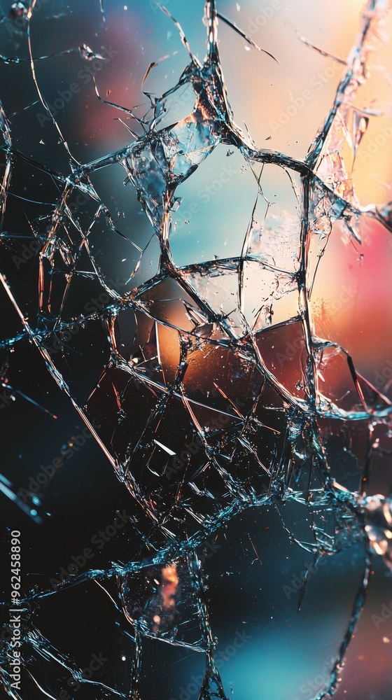 Poster a chaotic web of fractures on a shattered screen, with soft reflections and digital glitch elements,
