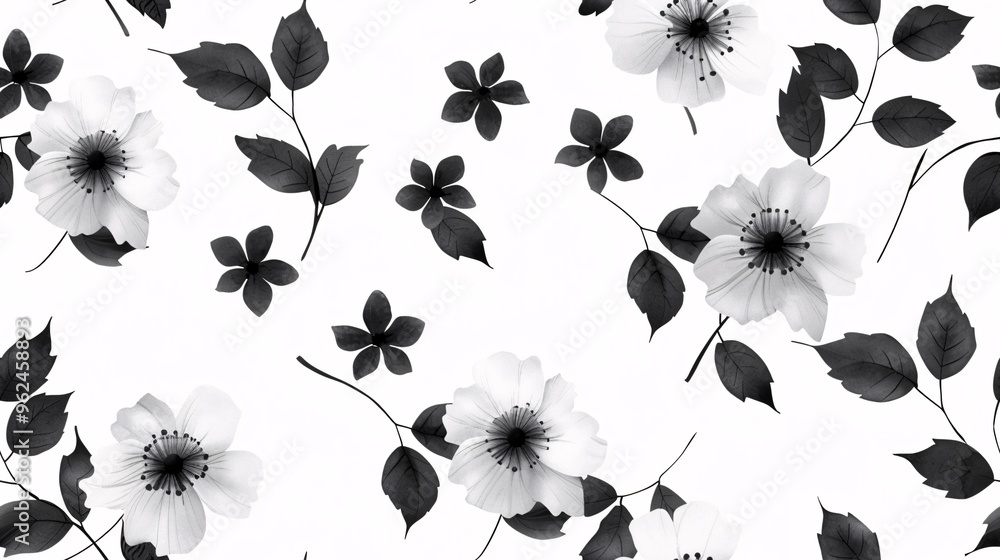 Poster delicate white floral pattern: a delicate and charming seamless pattern featuring white flowers and 