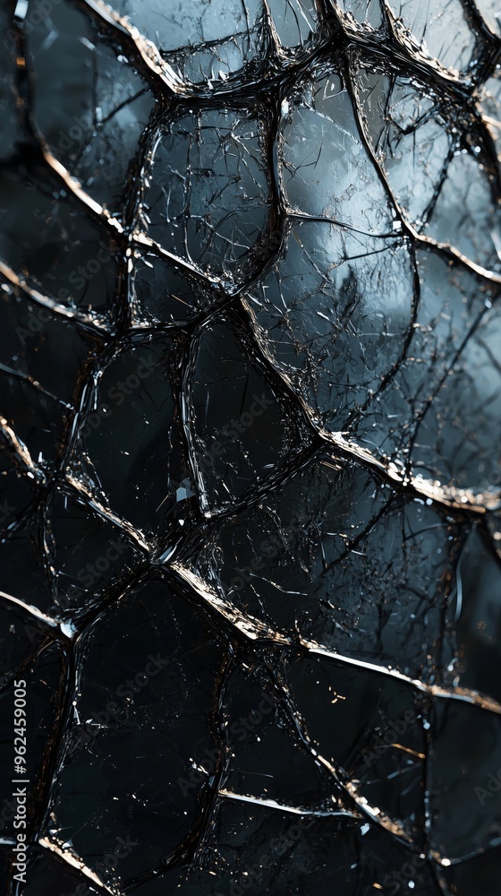 Poster a minimalistic crack pattern on a broken screen, with subtle reflections and a dark background, desi