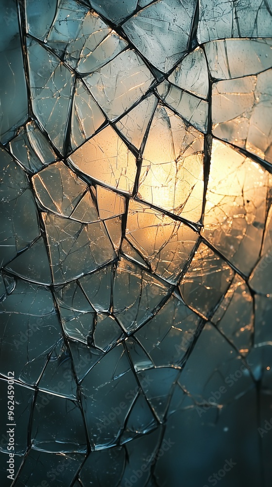 Poster a broken screen texture with sharp, diagonal cracks and light reflections, creating an abstract patt