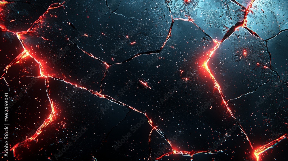 Poster a broken monitor screen texture with large, diagonal cracks and pixel distortion, highlighted by glo