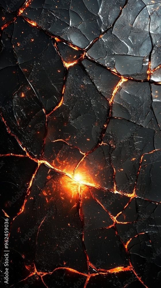 Poster a fractured monitor screen with sharp cracks and glowing reflections, creating an abstract pattern o