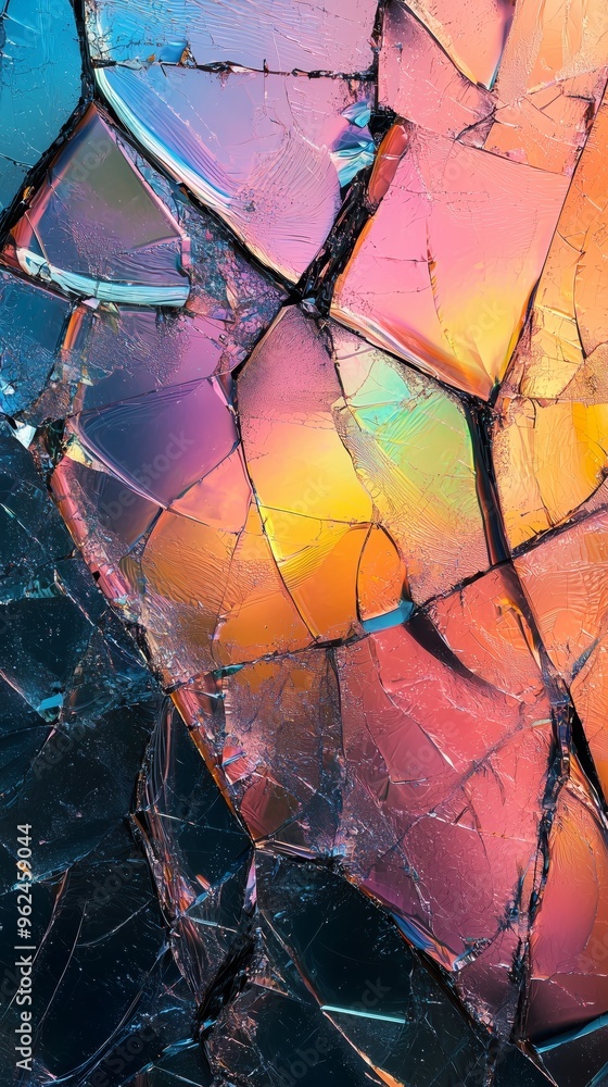 Poster a shattered screen with intricate crack details and rainbow glitch effects, creating a dynamic overl