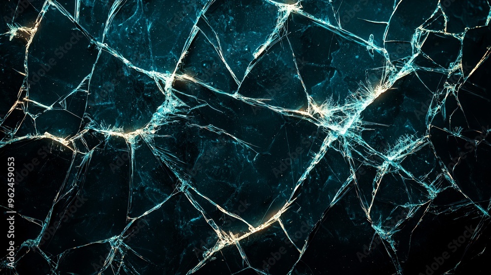 Poster a broken monitor screen texture with large, diagonal cracks and pixel distortion, highlighted by glo