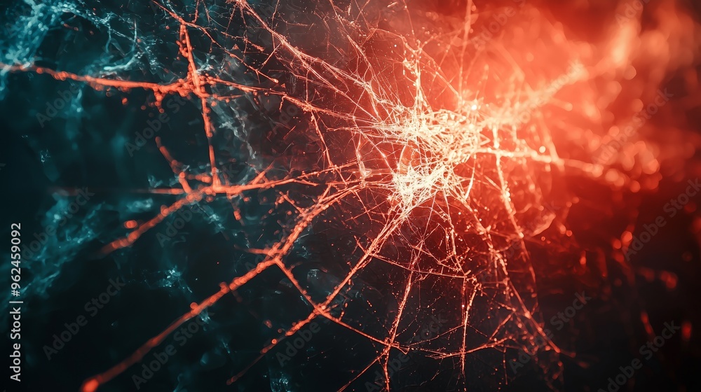 Poster a fractured screen texture with spiderweb cracks and glowing highlights, perfect for digital overlay