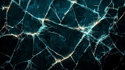 A broken monitor screen texture with large, diagonal cracks and pixel distortion, highlighted by glowing edges on a black background