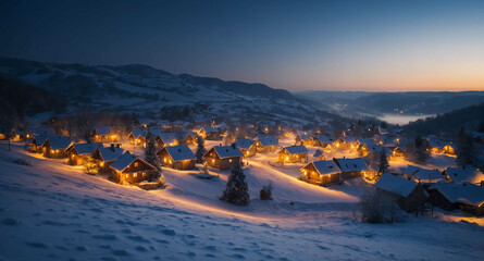 Snowy village lights shimmering abstract background