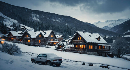 Fototapeta premium Snowy village scene with decorated homes background