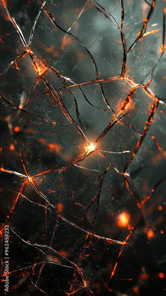 Poster a fractured monitor screen with sharp cracks and glowing reflections, creating an abstract pattern o