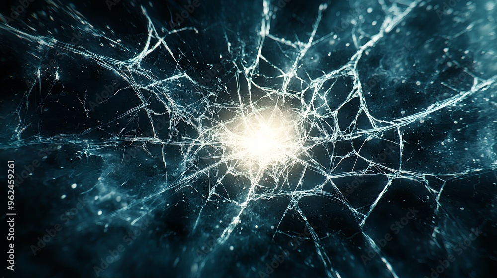 Poster a spiderweb of cracks spreading from the center of a shattered monitor screen, with glowing edges an