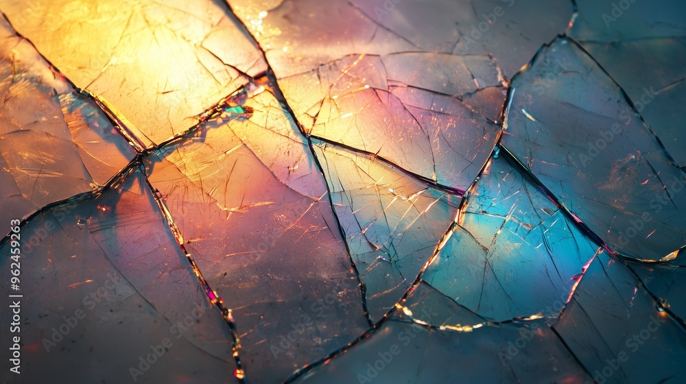 Poster a broken screen texture with rainbow light refractions and sharp, deep cracks spreading across the s