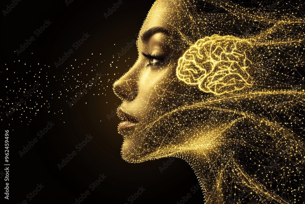 Poster mental processing neural function digital portrait of a woman with a glowing red brain symbolizing c