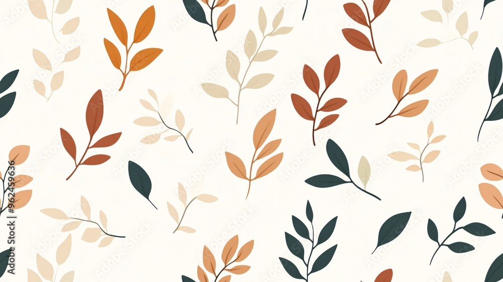 Poster Autumn Leaves Seamless Pattern: Delicate, minimalist branches adorned with warm earthy tones create a seamless pattern, perfect for adding a touch of fall charm to any design project.  