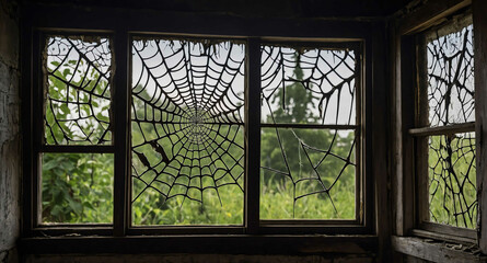 spider web covered window of abandoned old house