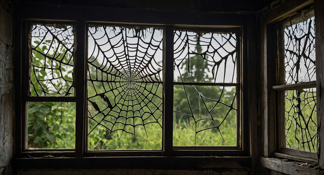 spider web covered window of abandoned old house