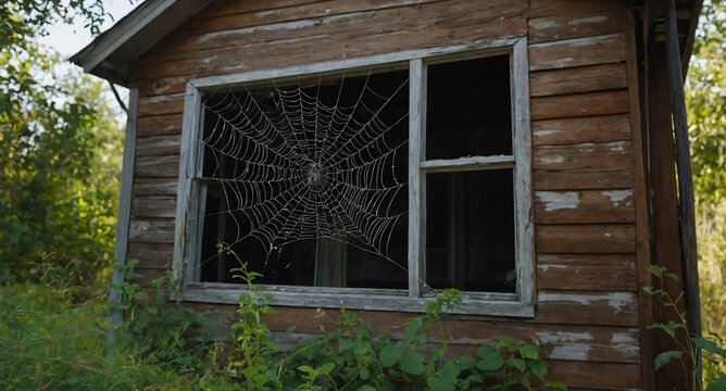 spider web covered window of abandoned old house