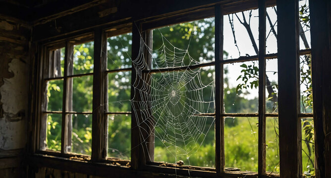 spider web covered window of abandoned old house