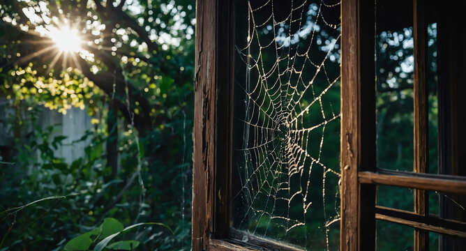 spider web covered window of abandoned old house