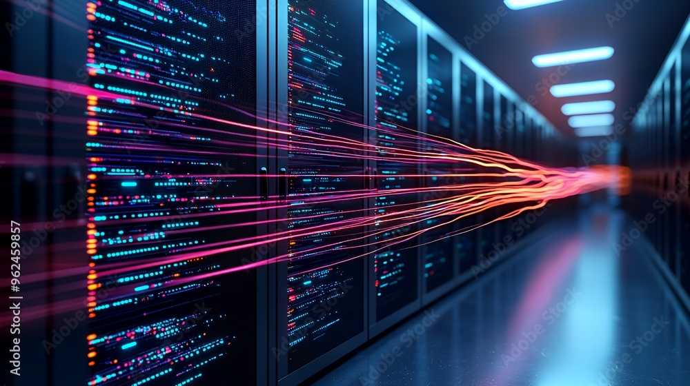 Poster data streams flow across a server rack in a data center.