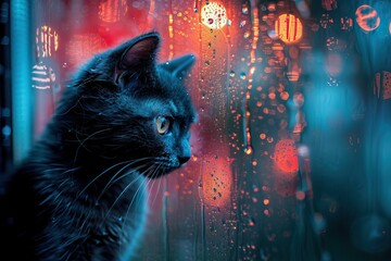 A cute black cat with green eyes is staring out the window at the rain. The window pane is covered in raindrops, creating a cozy and peaceful atmosphere, suitable for a relaxing background image.