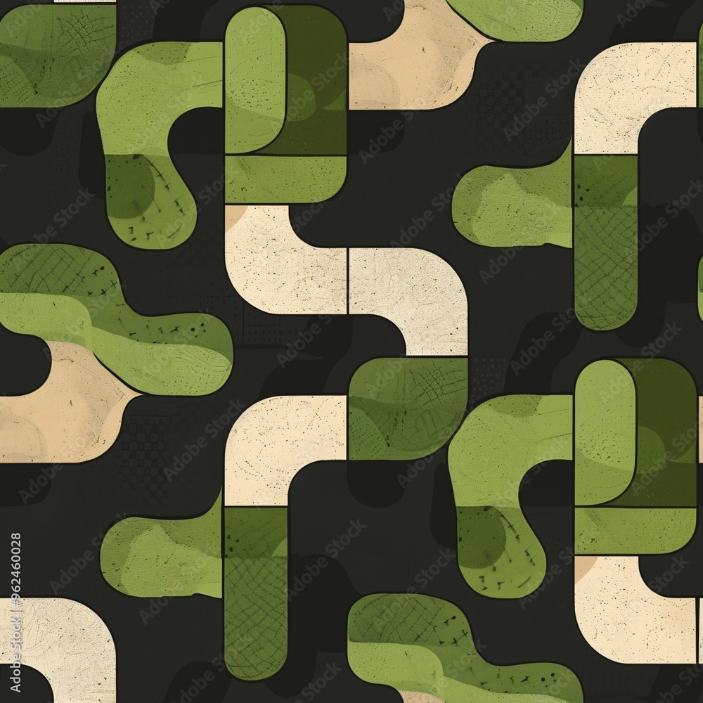 Poster abstract geometric pattern: a seamless pattern of overlapping green and beige shapes on a dark backg