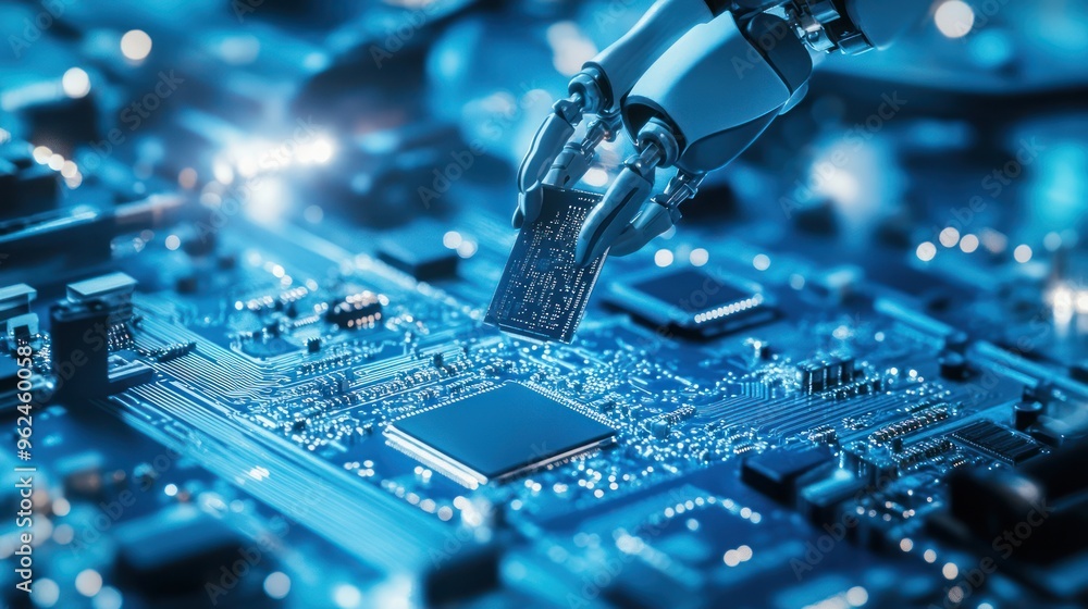 Poster robot arm placing a microchip on a circuit board