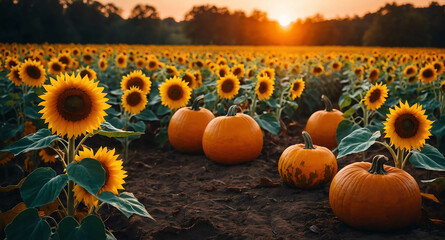 Sunflowers and pumpkins glowing abstract background