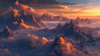 Majestic mountain landscape at sunset, enveloped in clouds and vibrant colors.