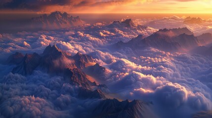 A breathtaking view of majestic mountains rising above a sea of clouds at sunset.