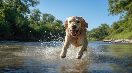 Golden Retriever Running Through Water