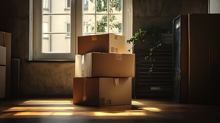 Three cardboard boxes stacked against a wall, with a window behind them.