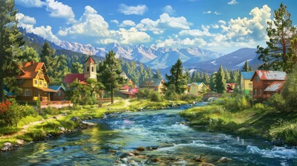 Obraz premium A serene landscape featuring a river, mountains, and colorful houses amidst lush greenery.