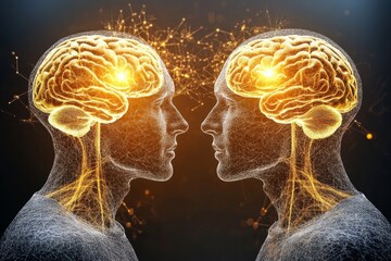 Neural processors Neural function Fiery digital rendering of two glowing brains facing each other symbolizing the intensity of intellectual connection and the power of thought exchange