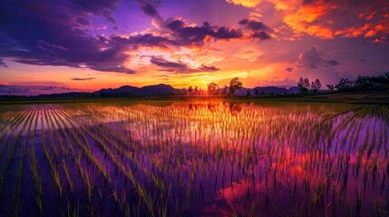 A vibrant sunset over rice fields, reflecting colorful skies in tranquil water.
