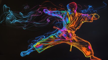 A dynamic neon illustration of a martial artist in action, captured mid-punch with vivid, glowing colors against a dark background. The vibrant neon outlines emphasize the energy and power of the