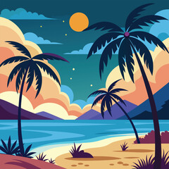 a tropical beach scene with palm trees and the moon