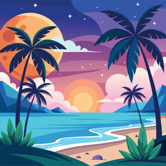 a tropical beach scene with palm trees and the moon